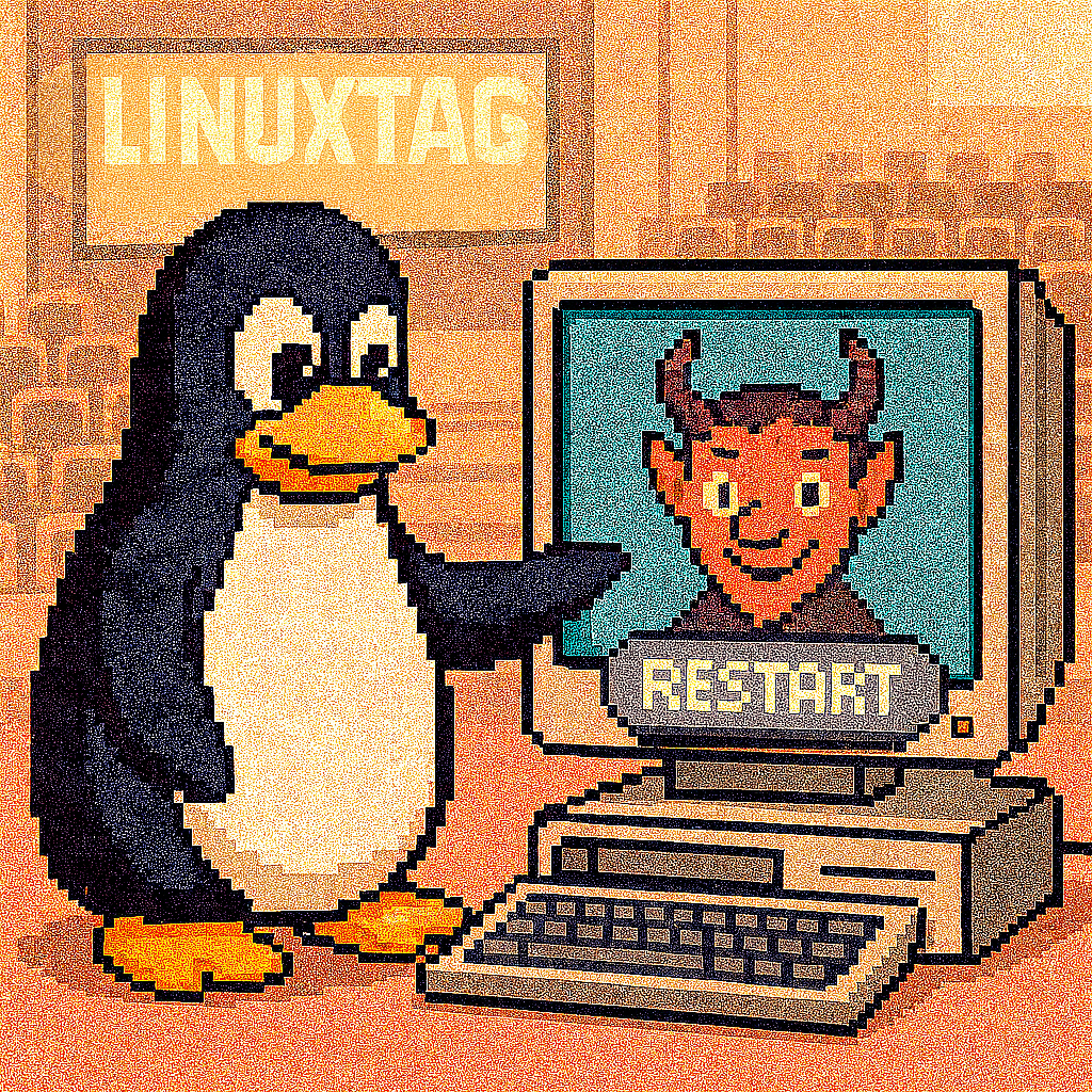 Illustration: Menschen, die gemeinsam Linux und Open‑Source nutzen
