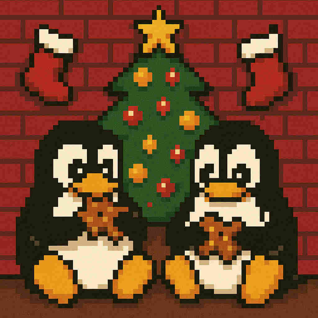 Ein Pixelbild von zwei Pinguinen, die vor einem Weihnachtsbaum Kekse essen.