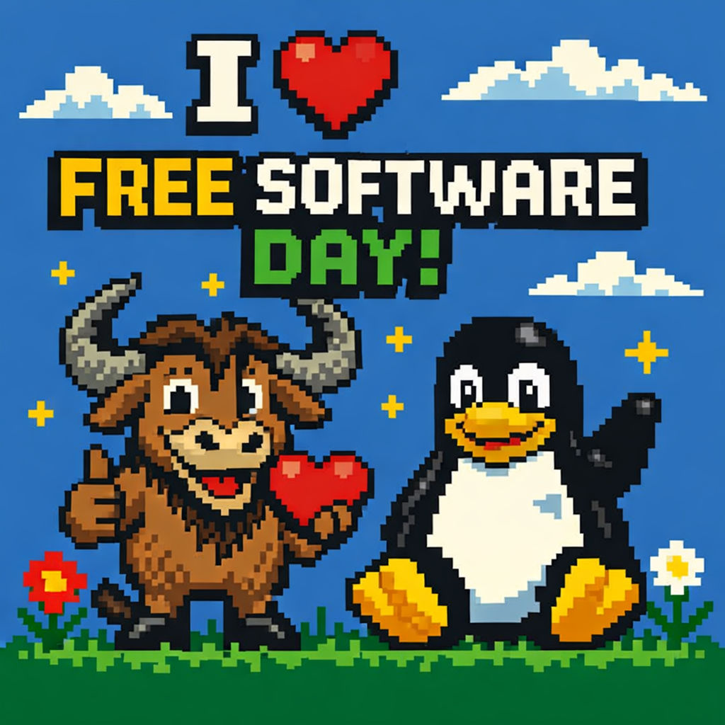 Ein Pixelbild von einem Pinguin der mit mehreren Leuten gemeinsam Computere-Spiele spielt