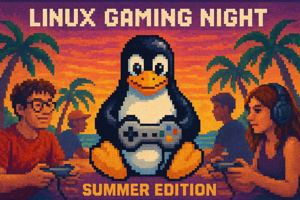 Ein Pixelbild von einem Pinguin der mit mehreren Leuten gemeinsam Computere-Spiele spielt