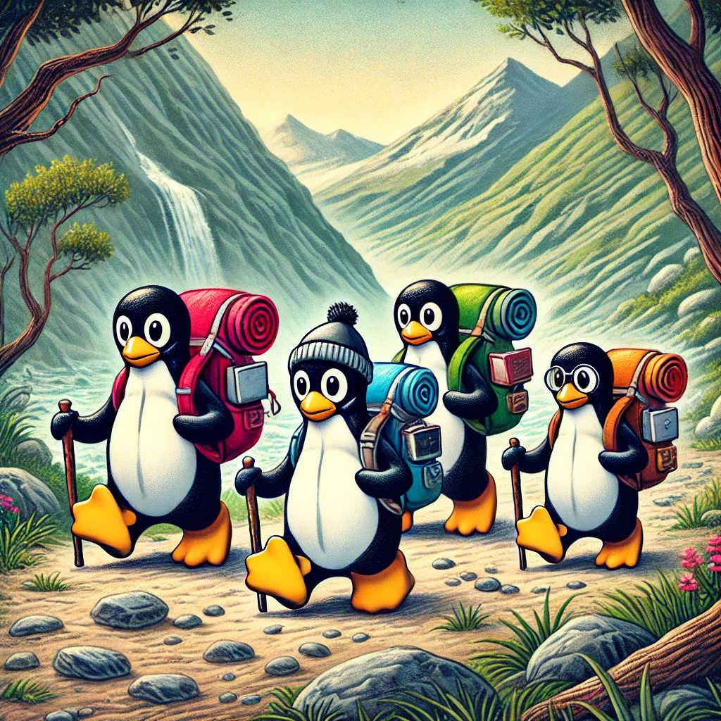 Ein Pixelbild von einem Pinguin der mit mehreren Leuten gemeinsam Computere-Spiele spielt