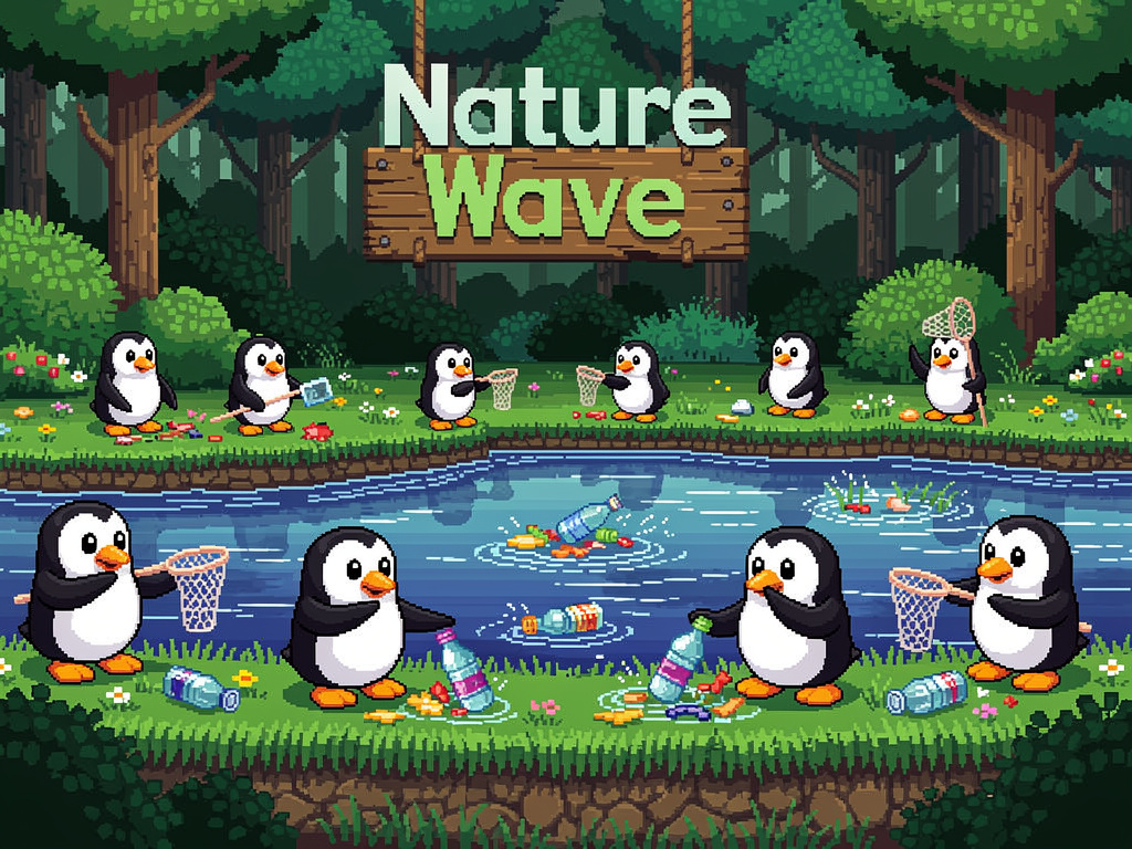 Ein Pixelbild von Pinguinen die gemeinsam Müll sammeln