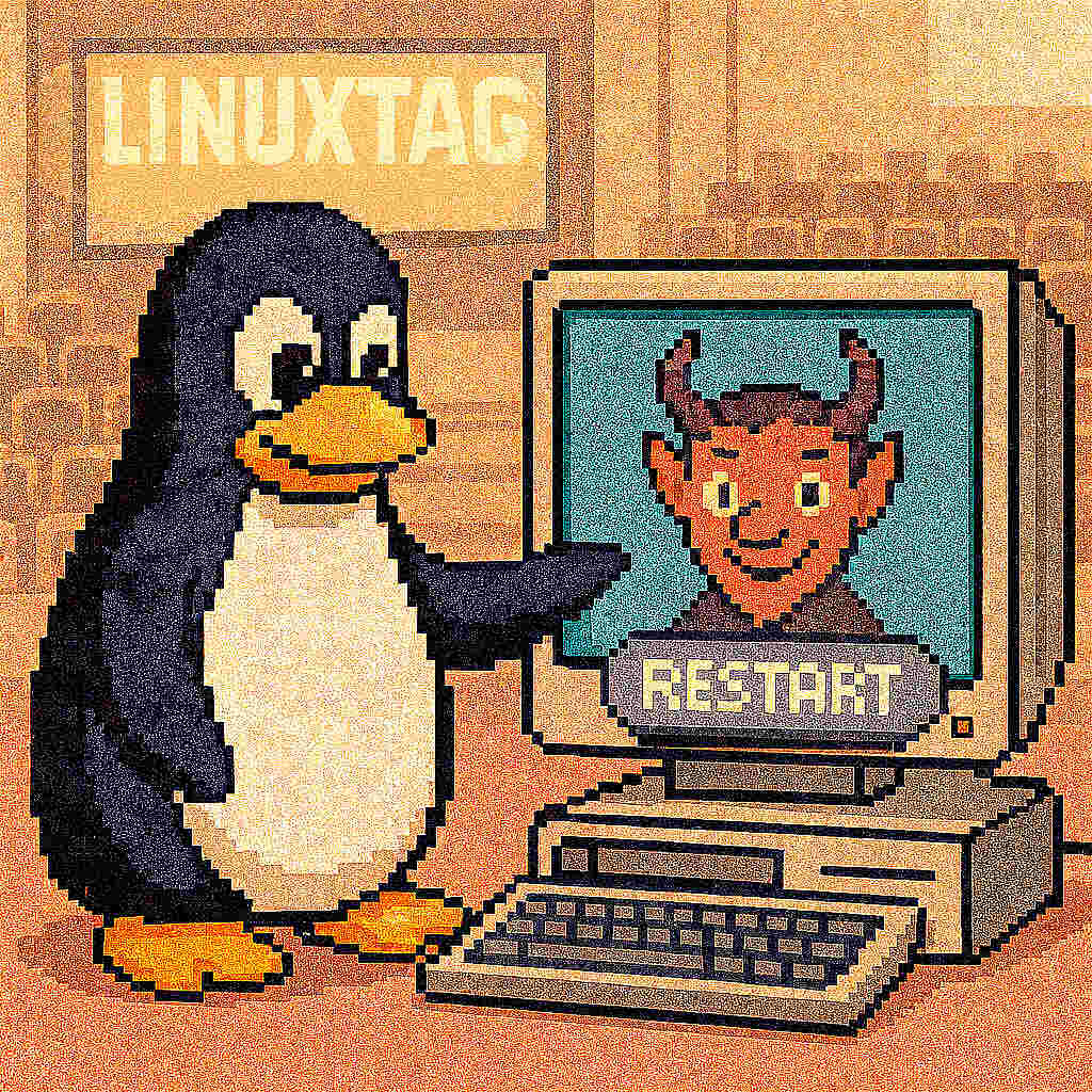 Pixelbild: Tux drückt an einem alten Computer auf „RESTART“, am Bildschirm lächelt ein rotes Teufelchen; an der Wand hängt ein Schild „LINUXTAG“.