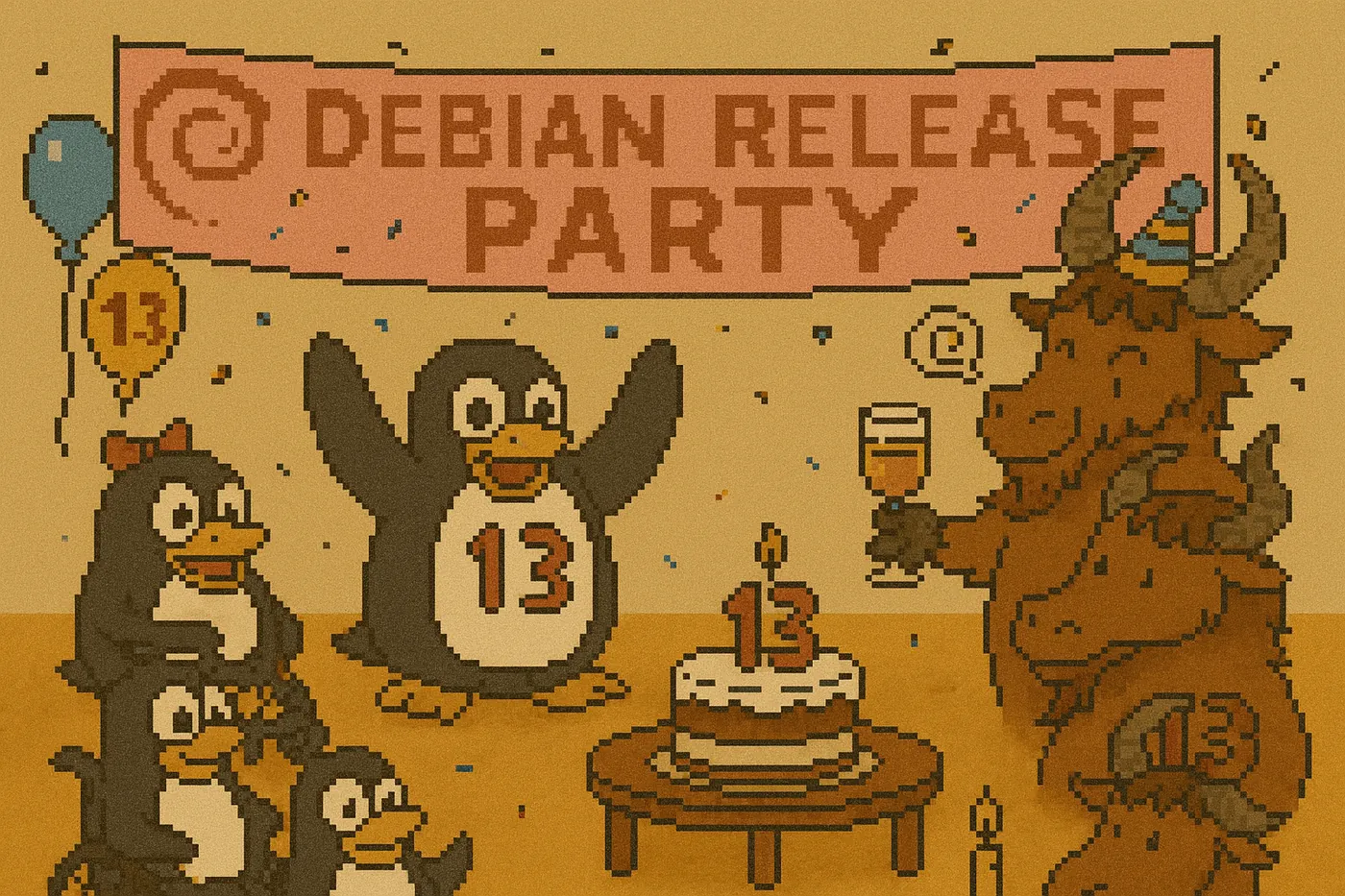 Pixelart in warmen Ocker- und Brauntönen: Unter einem rosa Banner „Debian Release Party“ mit der Debian-Spirale jubelt ein Pinguin mit einer 13 auf dem Bauch; links stehen drei weitere Pinguine, einer mit roter Schleife. In der Mitte steht eine Torte mit einer 13-Kerze auf einem kleinen Holztisch, rechts stößt ein zotteliges, gehörntes Gnu mit Partyhütchen mit einem Glas an, dahinter weitere Gnus. Dazu Luftballons – einer mit einer 13 – und Konfetti.