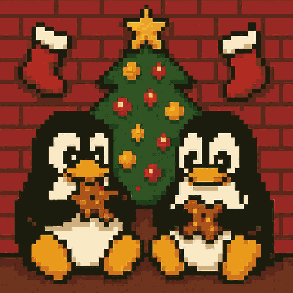 Pixelbild: Zwei Pinguine sitzen vor einer roten Ziegelmauer links und rechts eines kleinen geschmückten Weihnachtsbaums mit gelbem Stern und knabbern an Lebkuchenkeksen; oben an der Mauer hängen zwei rote Weihnachtsstrümpfe.