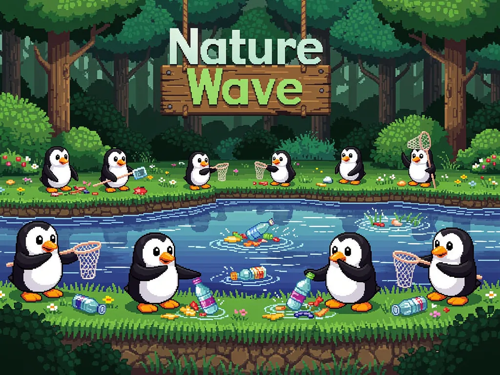 Pixelbild: Pinguine sammeln mit Keschern Plastikflaschen und anderen Müll aus einem Bach im Wald und vom Ufer auf, darüber hängt ein Holzschild mit der Aufschrift „Nature Wave“.