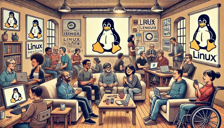 Gezeichnete Illustration: ein gemütlicher Raum voller Tux-Poster, in dem Menschen auf Sofas und an Tischen sitzen, bei Kaffee plaudern und gemeinsam auf ihre Laptops schauen – darunter eine Person im Rollstuhl.
